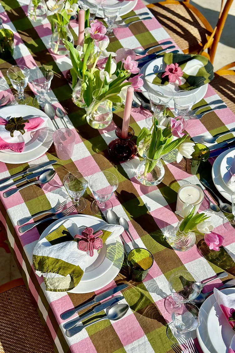 Gingham Tablecloth- Rose Pink & Avocado - 3 sizes available - Image 3
