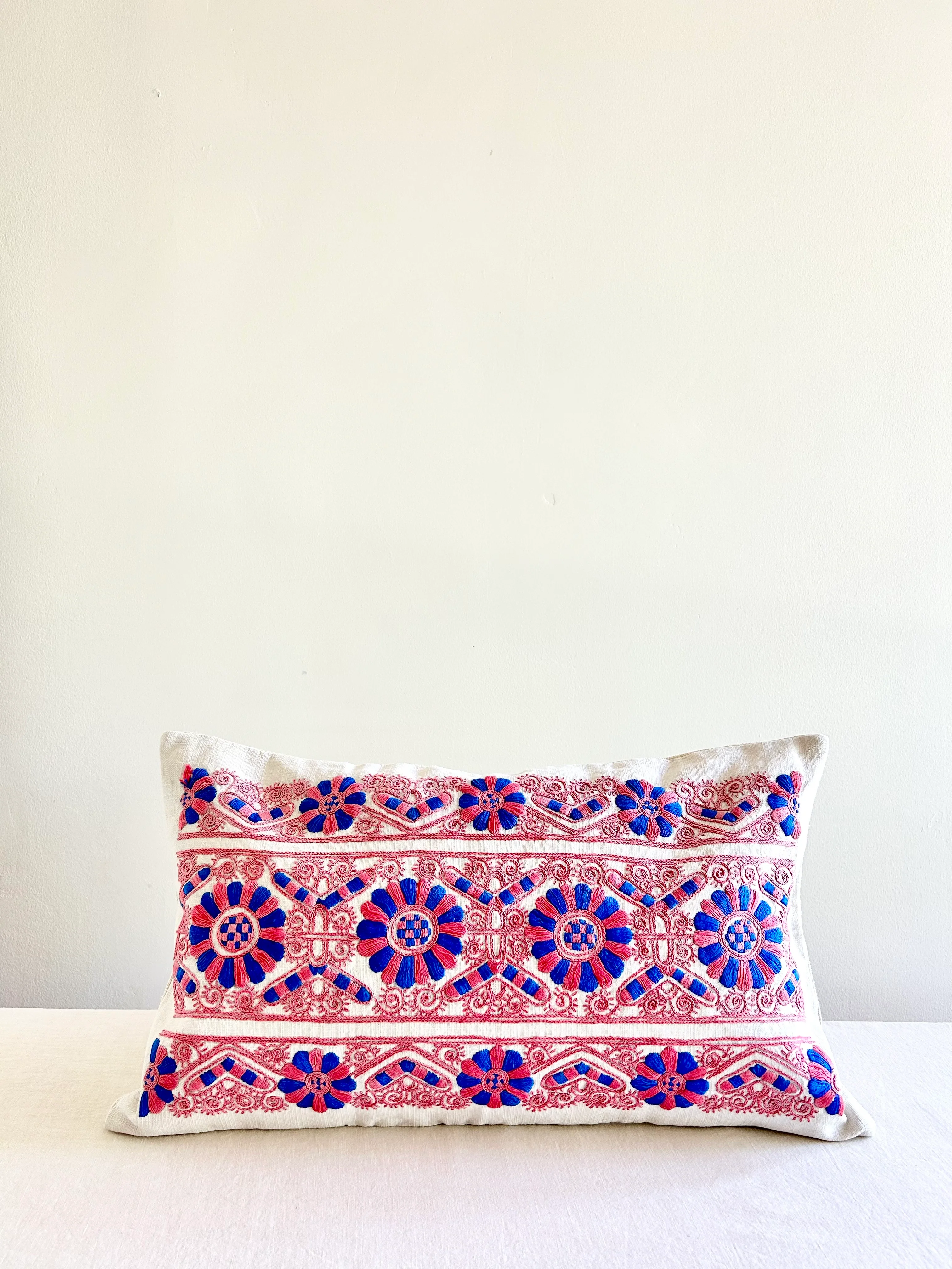 Historic Hungarian Pink & Blue Embroidered Pillow - Image 2
